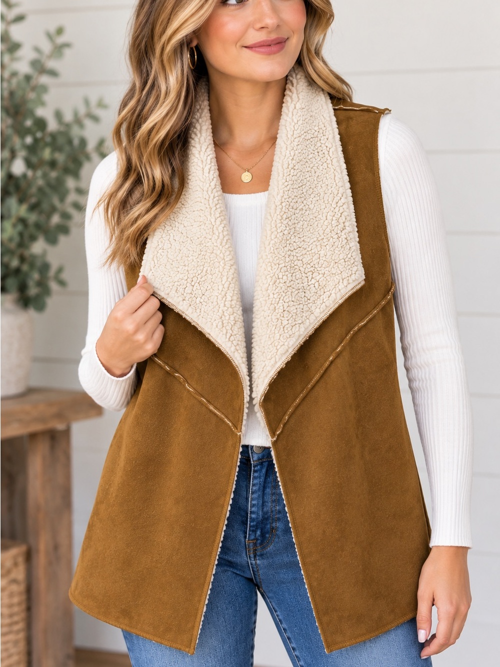 Flying Tomato Brown Suede Sherpa-Lined Open Vest